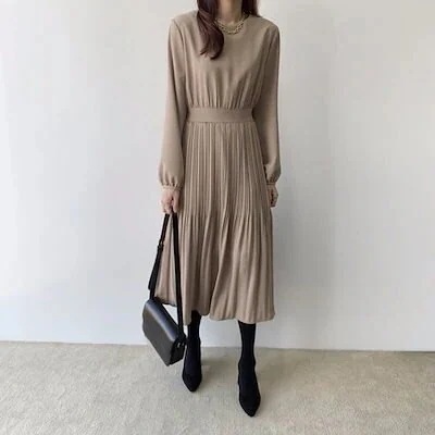 ワンピース レディース 春 冬 春冬 黒 ロングワンピ プリーツワンピ 長袖 マキシワンピ Aライン