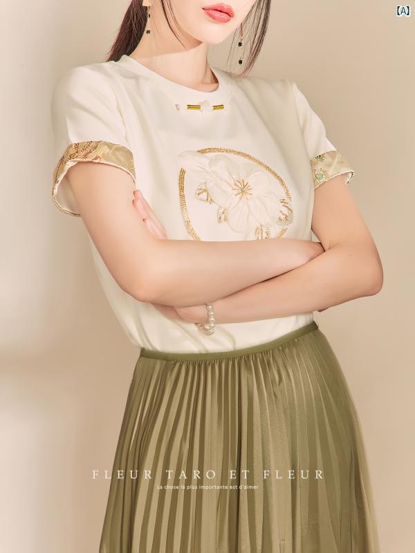 レディース ファッション　冬　綺麗　大歳　上品　オシャレ 夏 レディース 中華風 エレガント スリム 半袖 Tシャツ