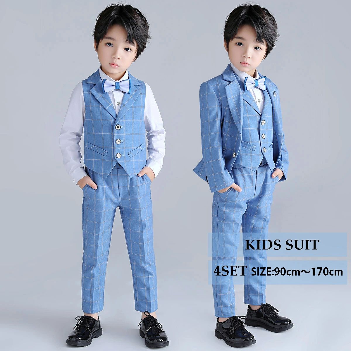 在庫処分セール男の子 キッズスーツ タキシード 子供スーツ 上品 ピアノ発表会 演奏会 七五三 お宮参り 子ども 4点セット【ジャケットベストパンツ蝶ネクタイ】ジュニア服 フォーマル 結婚式 入学式