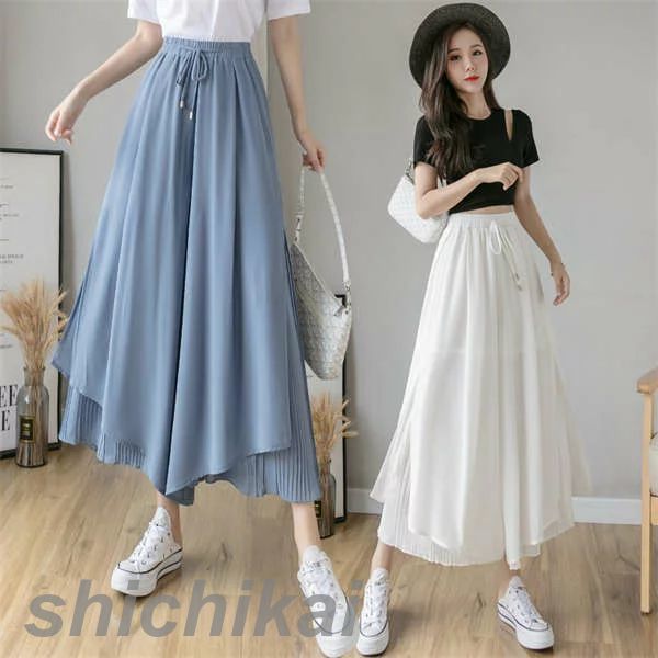 ワイドパンツ レディース スカーチョ ゆったり ガウチョ パンツ プリーツ パンツ ガウチョ 夏 ふんわり 涼しい ウエストゴム