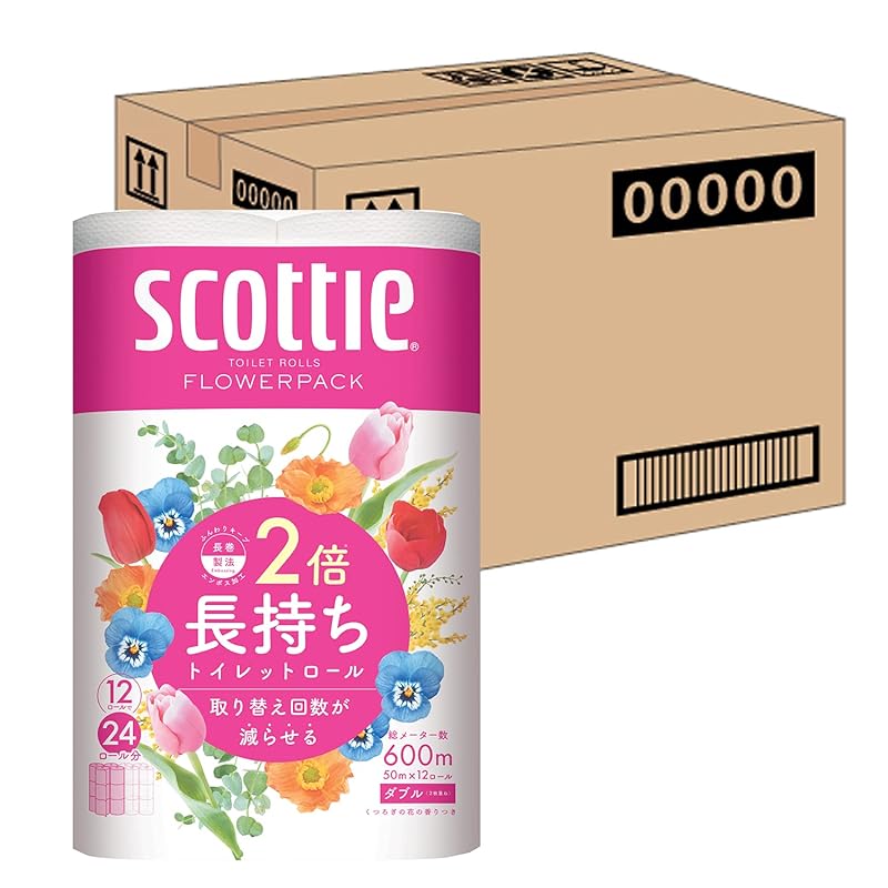 【即納】【ケース販売】 スコッティ 紙材 フラワーパック 2倍巻き(12ロールで24ロール分) トイレット 50m ホワイト ダブル ×4パック入り