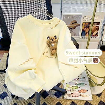 新作 Tシャツカットソー織物くまちゃん コットン混紡 百掛け クルーネックトップス 春ファッション 無地 スウェット