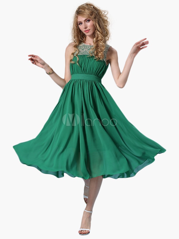 女性のノースリーブレースの詳細シフォンプリーツフレアワンピース