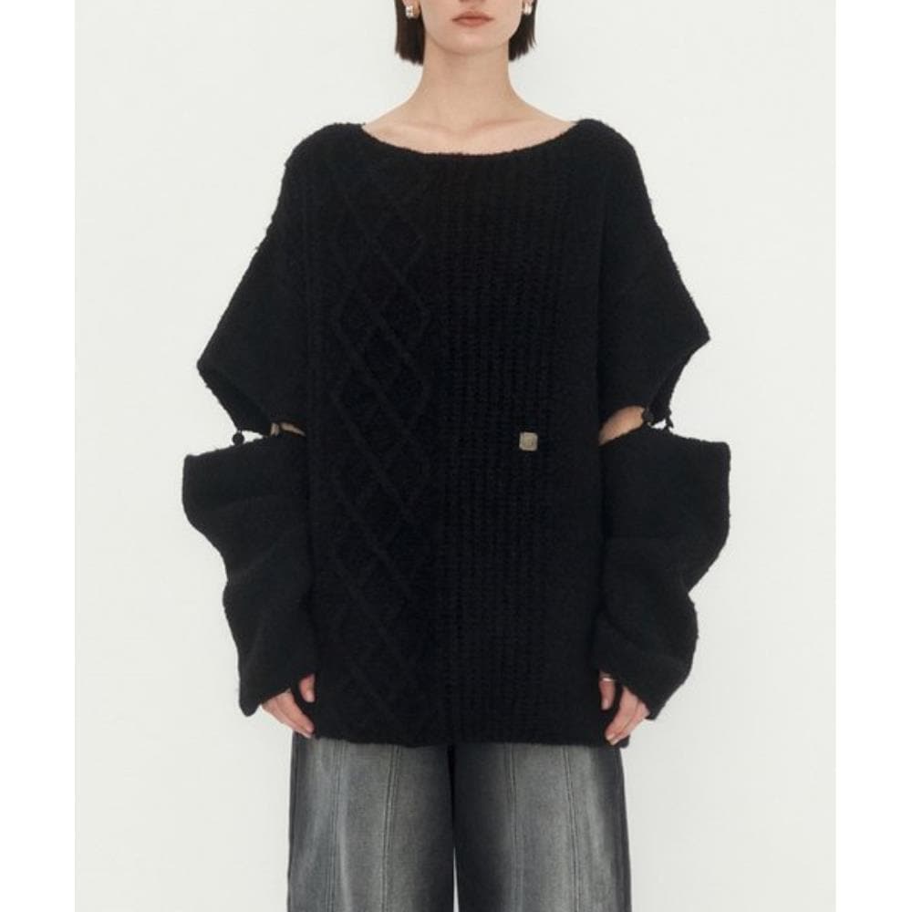 TREEMINGBIRD Sleeve Slit Boat Neck Knit Black TMB234KT
