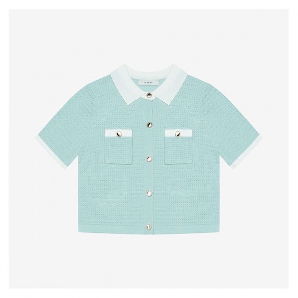 [イザベイ] 配色ジャケットニット半袖カーディガン (VKCCD7951)