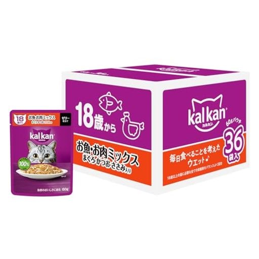 カルカン パウチ 18歳から 60g×36袋 お魚・お肉ミックス まぐろ・かつお・ささみ入り シニア 高齢期 ウェットフード キャットフード 総合栄養食 水分補給 毎日食べることを考えたウェット 猫