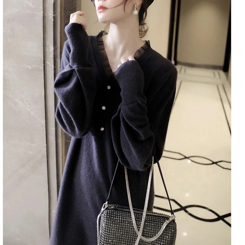 ニットワンピース40オシャレニットワンピースロング秋冬ニットワンピースVネックスカート無地ニットインナーセーターゆったり韓国風大人50