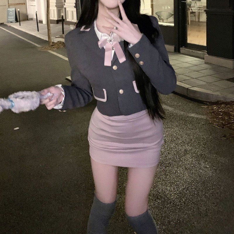 韓国風 JK 制服女子高生衣装セット春と秋スーツジャケット長袖シャツピンクのボディコンスカートの 3 点セット