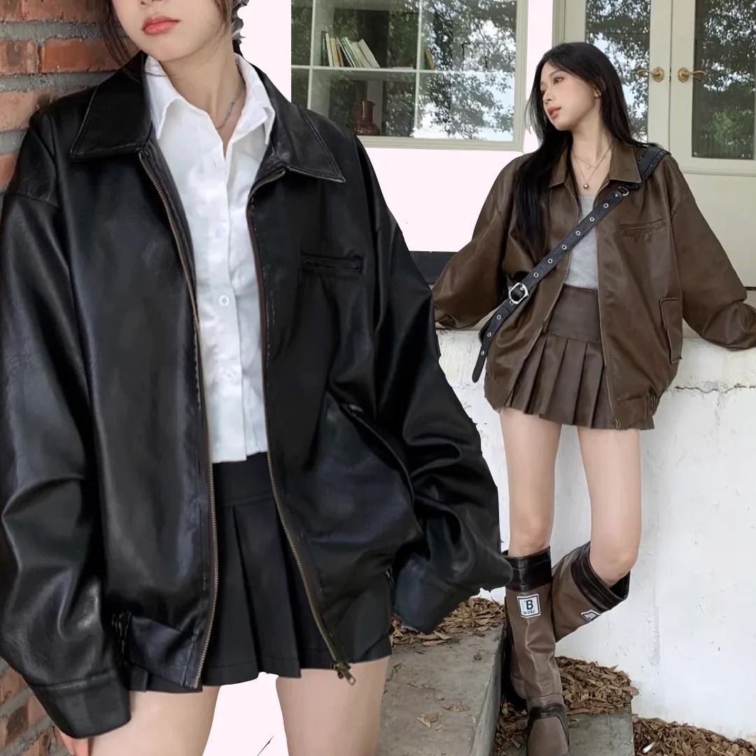 エコレザー セットアップ レディース 韓国 ファッション フェイクレザージャケット プリーツ ミニスカート 上下セット 5,793円
