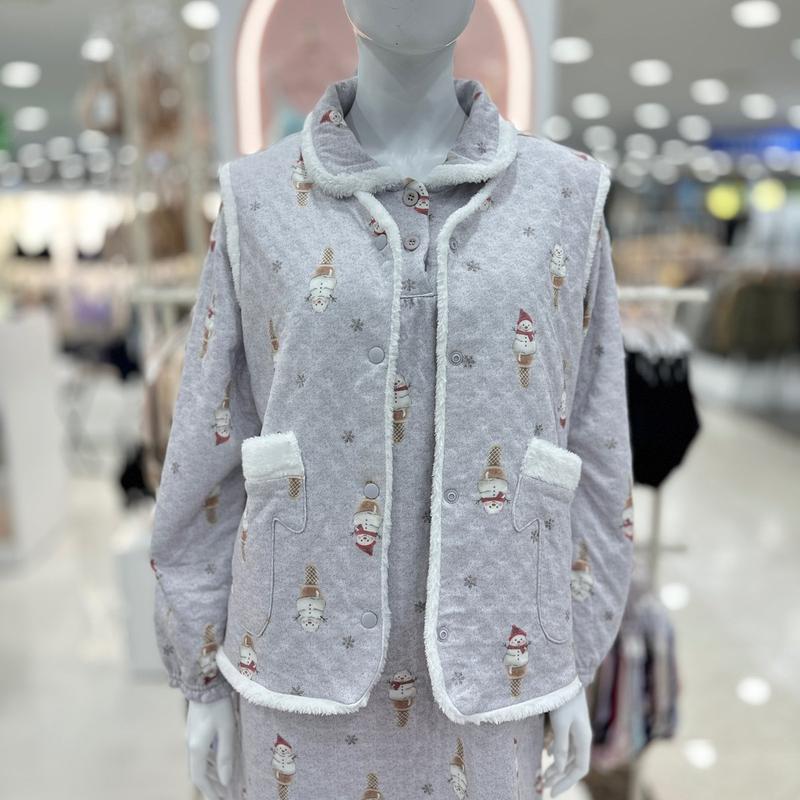 三重織 雪だるまプリント ボア リバーシブルベスト GREY_DG