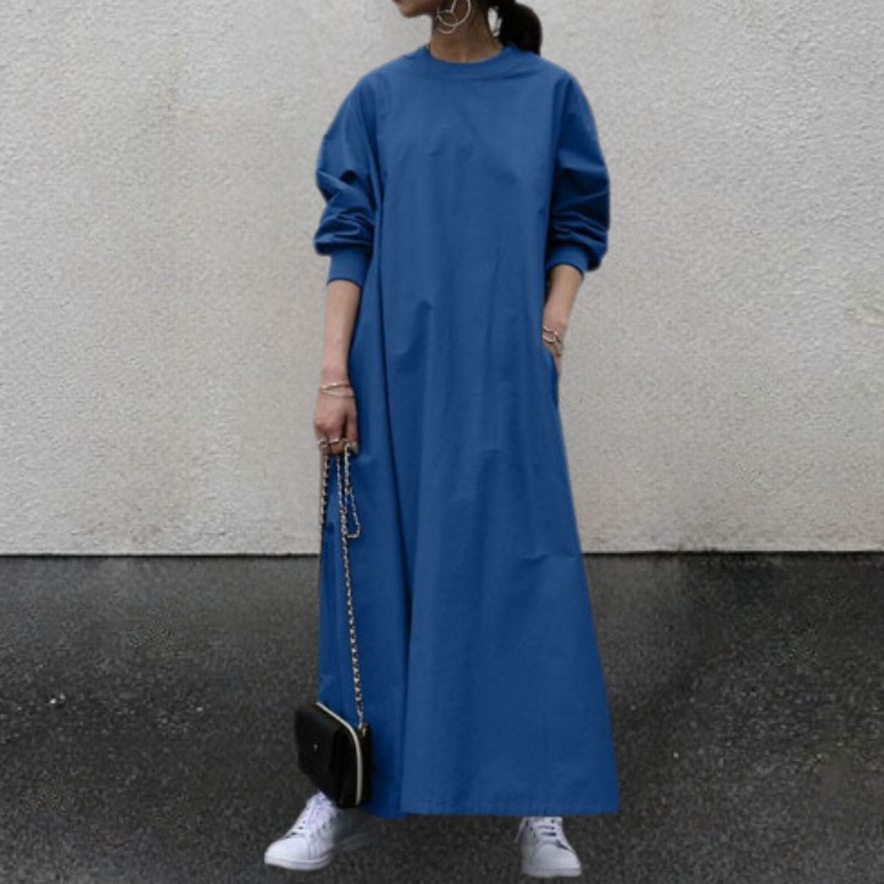 ワンピース レディース ロング 長袖 ラウンドネック 襟なし 大人可愛い シンプル カジュアル おしゃれ レトロ こなれ感 抜け感 ナチュラル 大人カジュアル 無地 春 秋 ママ デート お出かけ