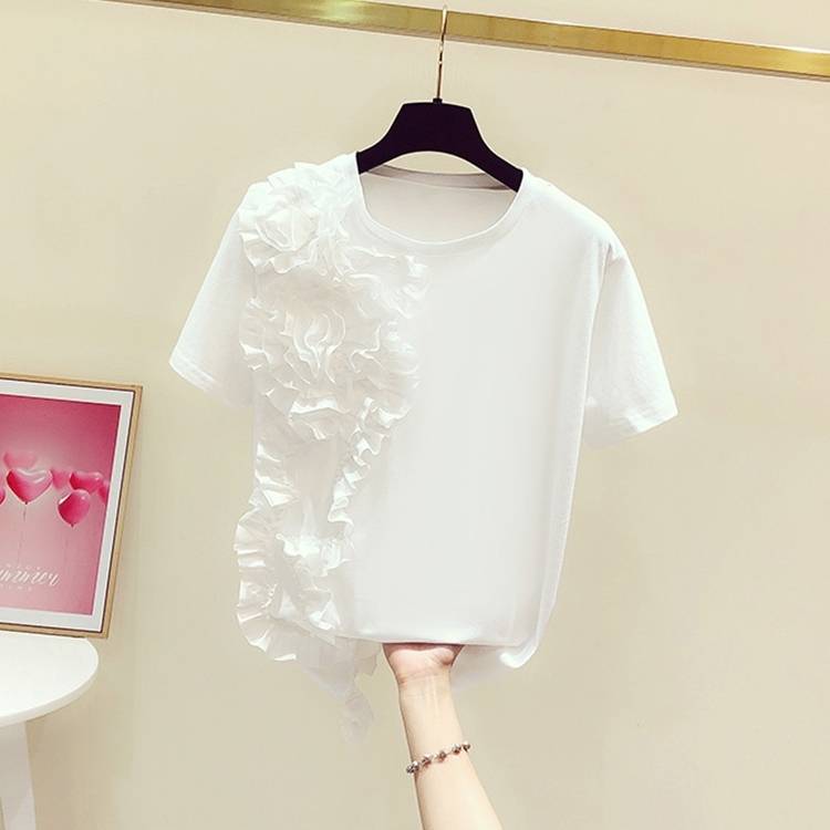 トップス Tシャツ シャツ プルオーバー フリル 丸首 花 クルーネック 半袖 無地 カジュアル ホワイト 白色 ブラック 黒色 カジュアル シンプル ガーリー ラブリー キュート かわいい 可愛い 6,130円