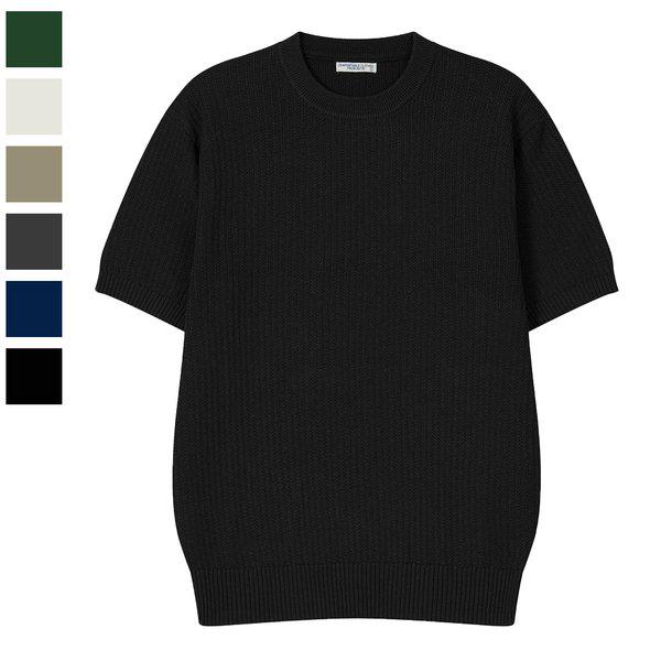 メンズレールリネンラウンド半袖ニットTシャツ AS-KNH-Q029-ブラック