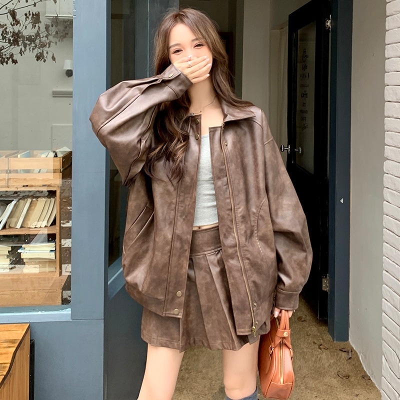 アメリカンレトロバイカースタイルレザージャケットスーツ女性秋緩い薄い気質ストリートジャケットショートスカート