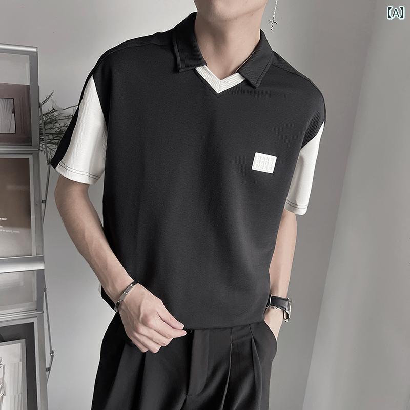 ポロシャツ メンズ スタイリッシュ おしゃれ 紳士服 男性 シャツ 半袖 クール 夏 カジュアル ステッチ Vネック ビジネスウェア