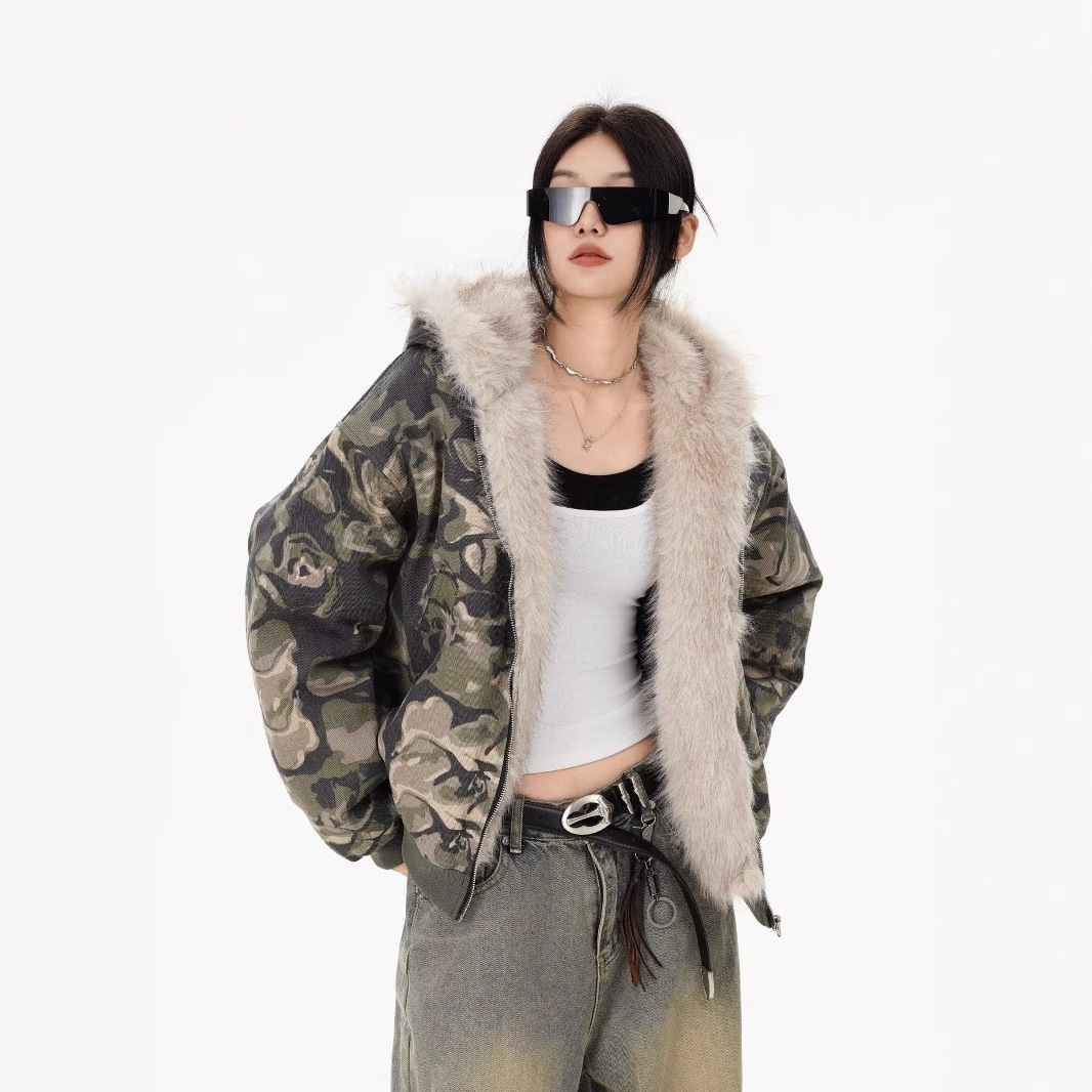 AWアウタ一 皮毛一体 冬【ハイクオリティ】 カモ ファー キルティング 男女兼用 カップル ダウン フード ダウン キルティングダウン オーバーフィット ル 冬 T