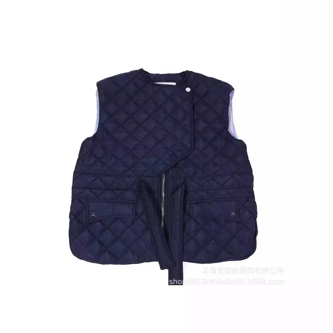 24 新しいスタイルのネイビー ブルー ダイヤモンド パターン綿ノースリーブ ベスト小さな香りのスタイル ジャケット ベスト