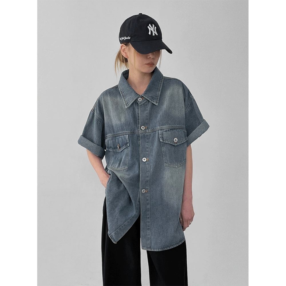 ブラックアップ（ユニセックス）ネバービーオーバーフィットデニム半袖シャツ