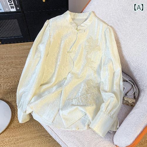 レディース トップス チャイナ風 テクスチャ 刺繍 シャツ 春秋 光スタイル カジュアル プレートボタン スタンドカラー 長袖