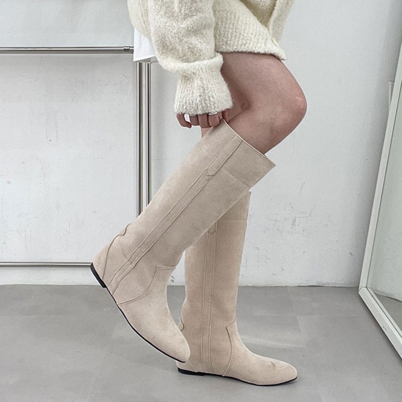 2color シンプル, ベーシックな雰囲気の 無地 フェイクスエード．スエード素材 ローヒール デイリー ワイド ロングブーツ