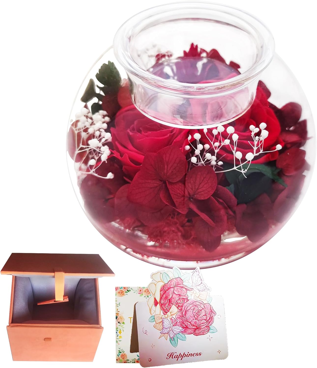プリザーブドフラワーの赤い薔薇2輪とキャンドルホルダーセット 贈り物用ボックス付き