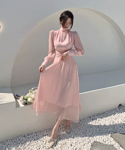 ハイネック タイリボン ロングワンピース