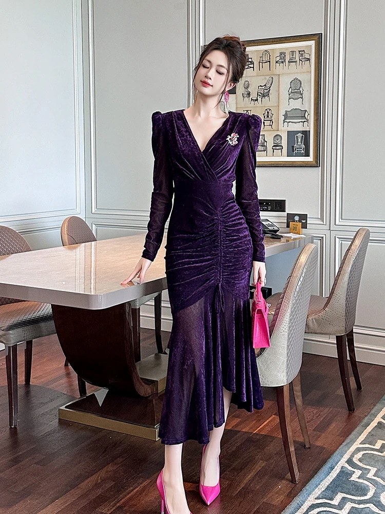 [急速出荷]二次会 ウェディング 演奏会 結婚式 卒業式 披露宴 同窓会 大人 キャバ パーティー ドレス ワンピース マーメイド ベルベット 2025秋冬新品