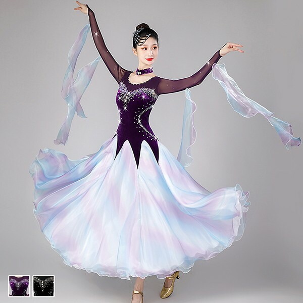 今だけ！社交ダンス ドレス 競技用 社交ダンス衣装 ワンピース スタンダード ドレス キラキラ 社交ダンス ダンスウエア 広がる 舞台 豪華 長袖 ワルツ 発表会 団体 パーティー デモ 黒 S M