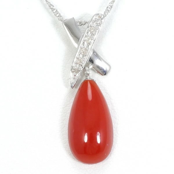 K18 18金 WG ホワイトゴールド ネックレス サンゴ ダイヤ 0.15 ジュエリー 中古