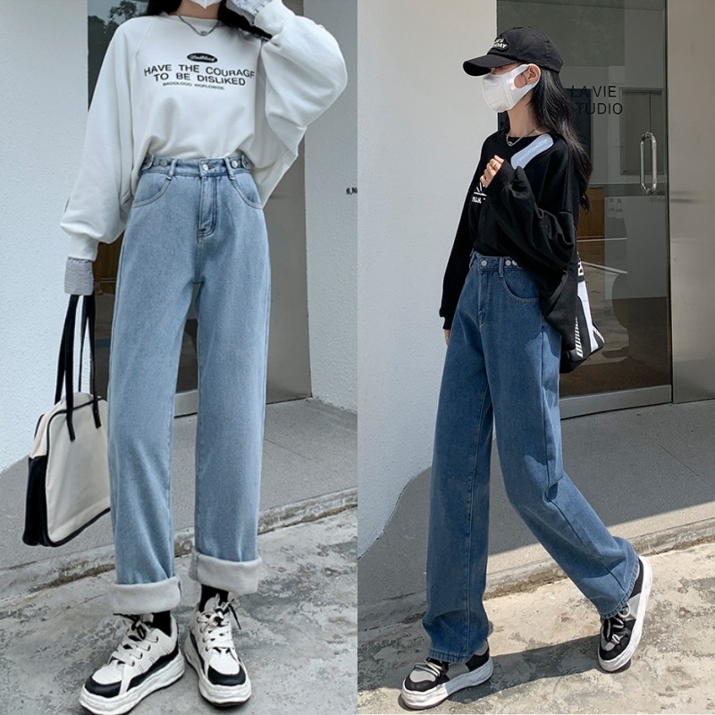5カラー ボトムス レディース パンツ ズボン デニム デニムパンツ ジーパン 厚手 裏地付き 裏フリース ハイウエスト ストレート あったか 定番 人気 カジュアル アメカジ ブルー ブラック
