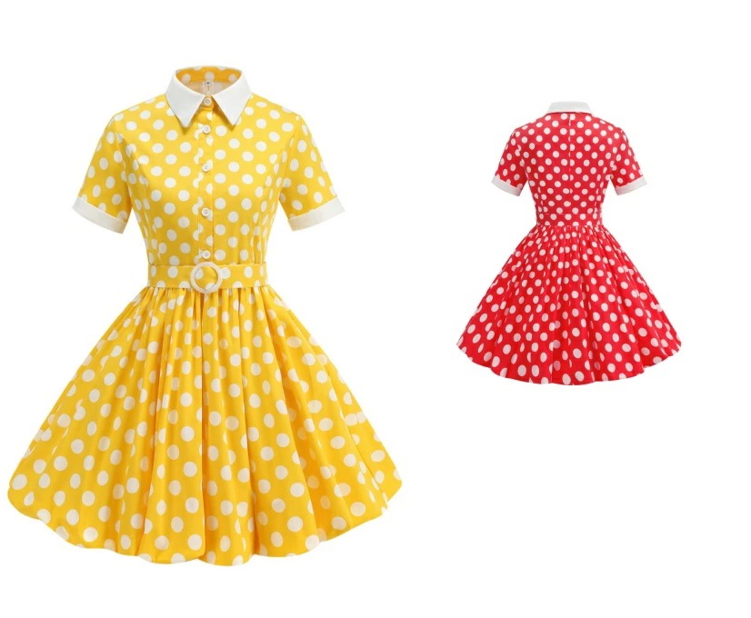 水玉柄 レトロドレス ワンピース ドット柄 レディース ショート丈 半袖 Aライン ダンス衣装 フレアワンピース コスプレ 着瘦せ コスチューム 社交ダンスウェア 舞台ステージ衣装 団体服 演出服 パ