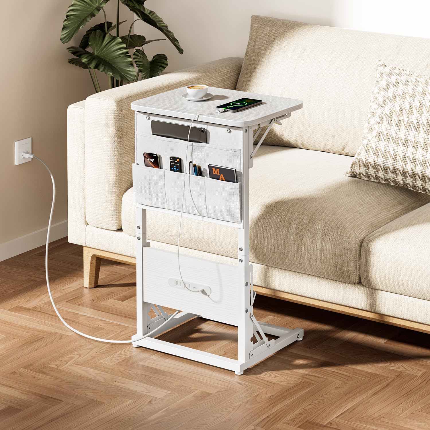 【折りたたみ】サイドテーブル コンセント USBポート付 ベッドサイド ソファテーブル L字型 コンパクト 収納ポケット付 ホワイト