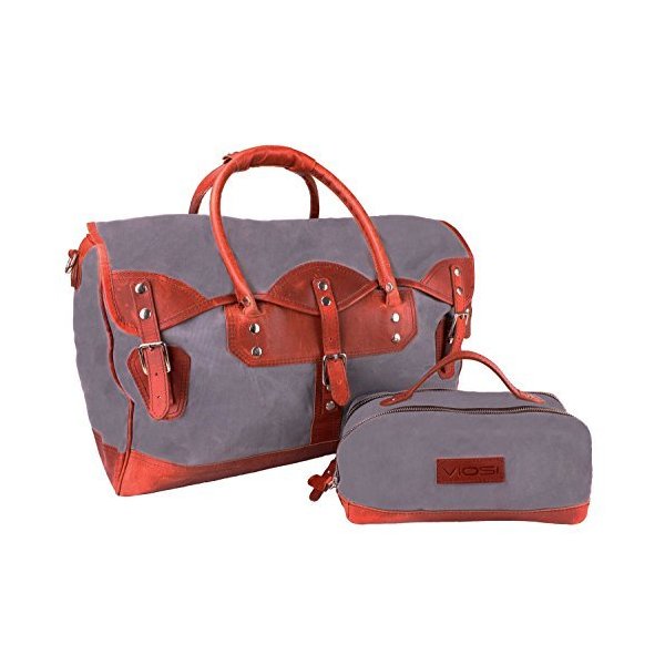 Leather Duffel Bag Waxed Canvas Weekender Travel Bag with Matching Toiletry Bag 並行輸入品