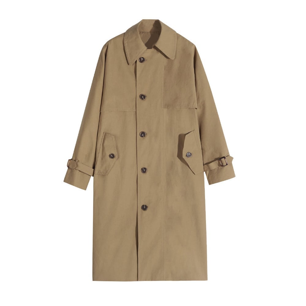 アウター 上着 コート トレンチコート ステンカラーコート ロングコート 膝下丈 ミモレ丈 Ａライン フレアシルエット 無地 襟付き シングルブレスト 体型カバー スタイルアップ 防風 lout071