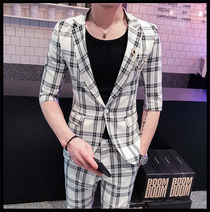 スリムスーツ 1ツボタン メンズカジュアルスーツ 五分丈 チェックジャケット 九分丈 スラックス 2