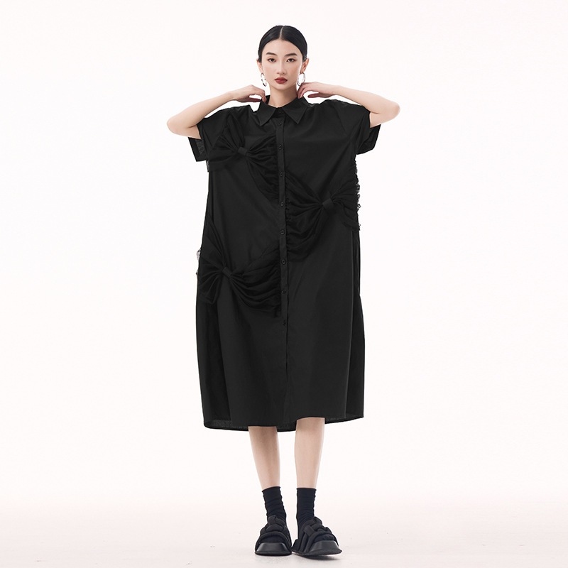 【J.Fashion】 チュールドッキング シャツワンピース 蝶結び飾り 半袖 夏 おしゃれ レディース 関連商品購入可能 メガ割