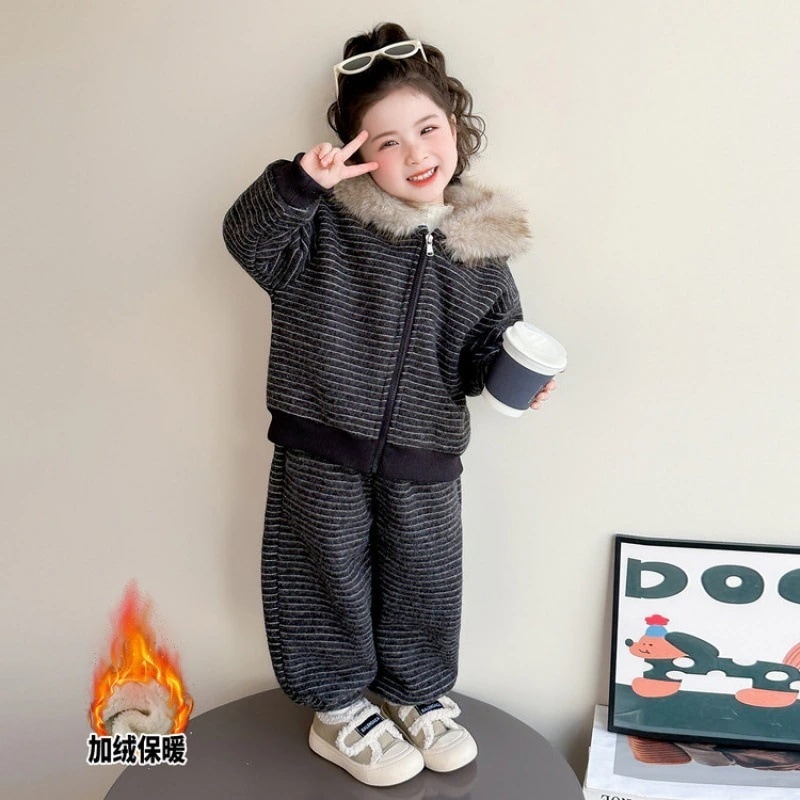 女の子冬コート新作 裏起毛厚手ストライプ 子供保温アウター キッズ セットアップ