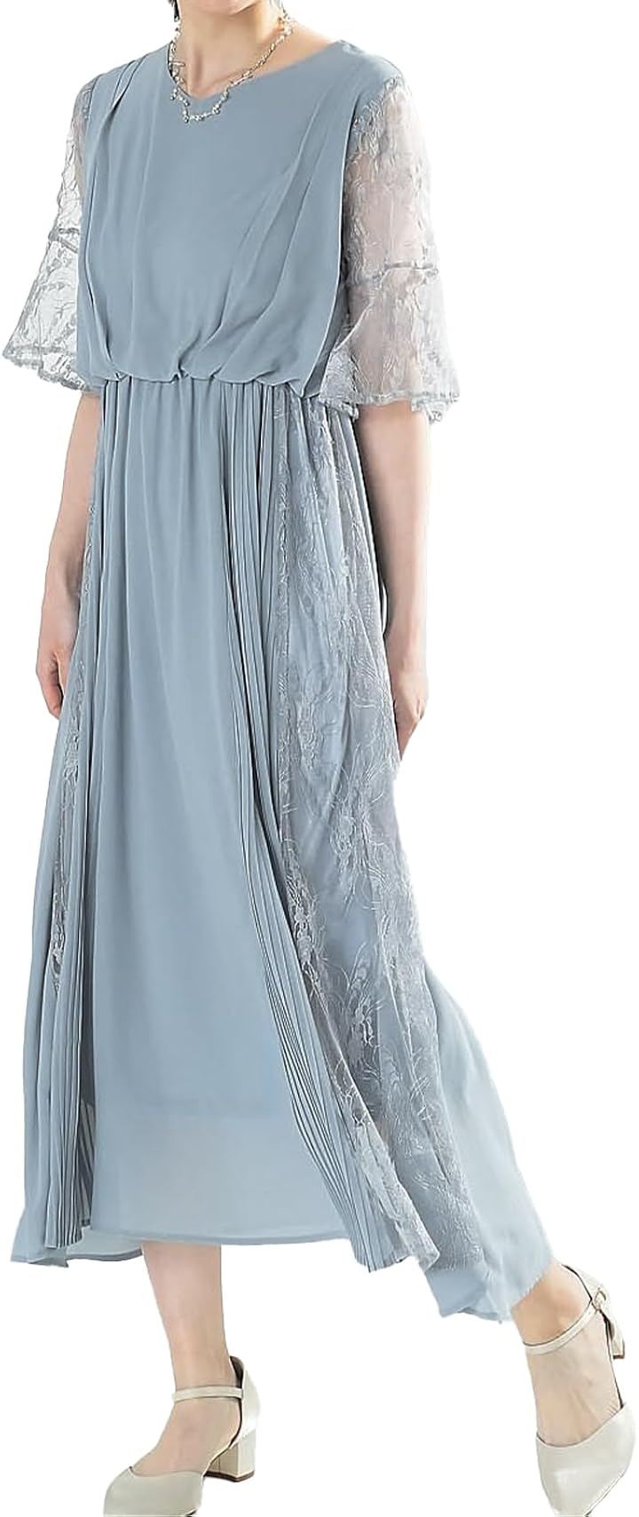 結婚式 ドレス お呼ばれ フォーマル ワンピース レディース ミモレ丈 ロング シフォンドレス (ライトグレー / ミモレ丈 / 327014, L)