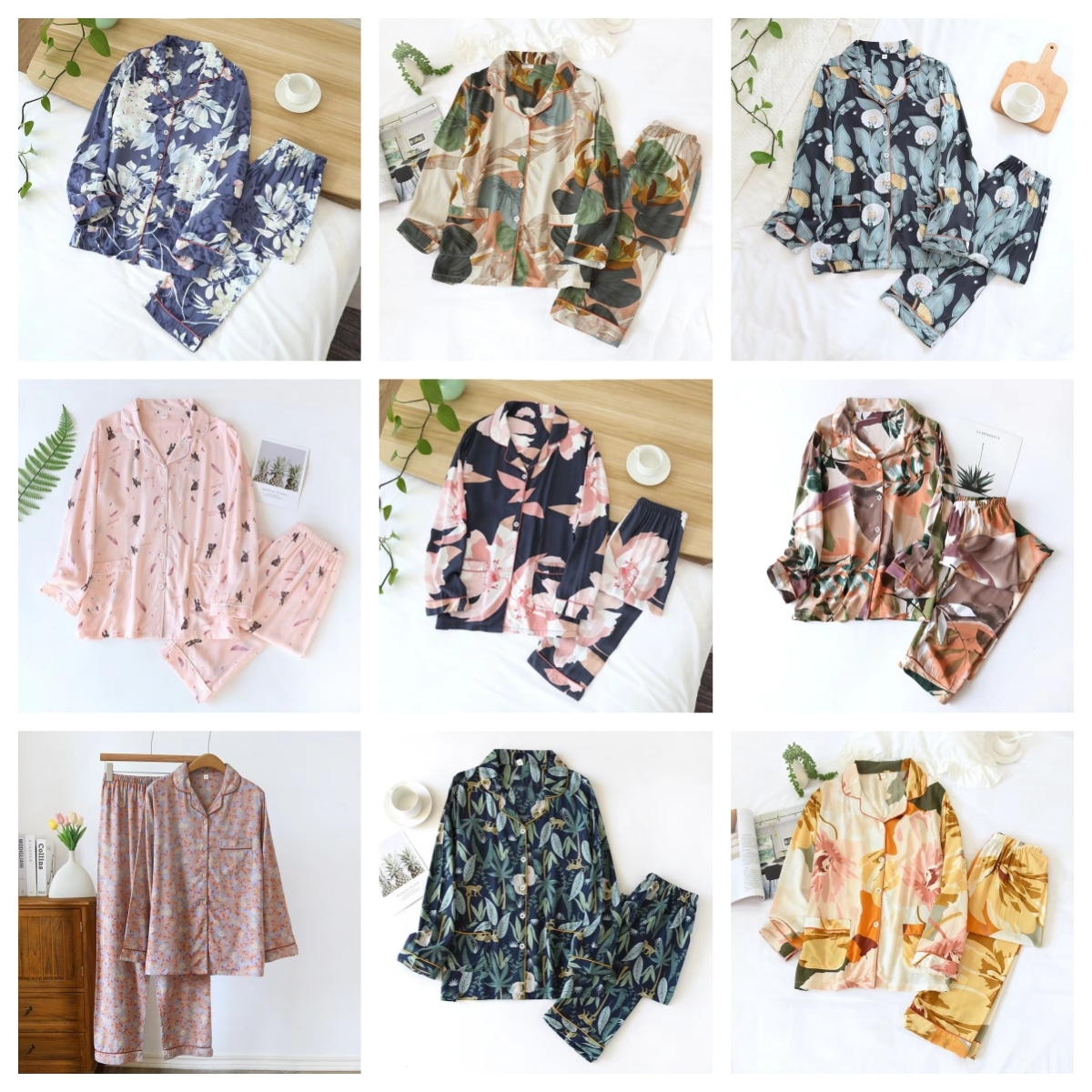 レディース エレガントな花柄服 シルクパジャマ 前開き お花の刺繍がキレイ仕上がり長袖 洗える 上下の2点セット[母の日] X0172