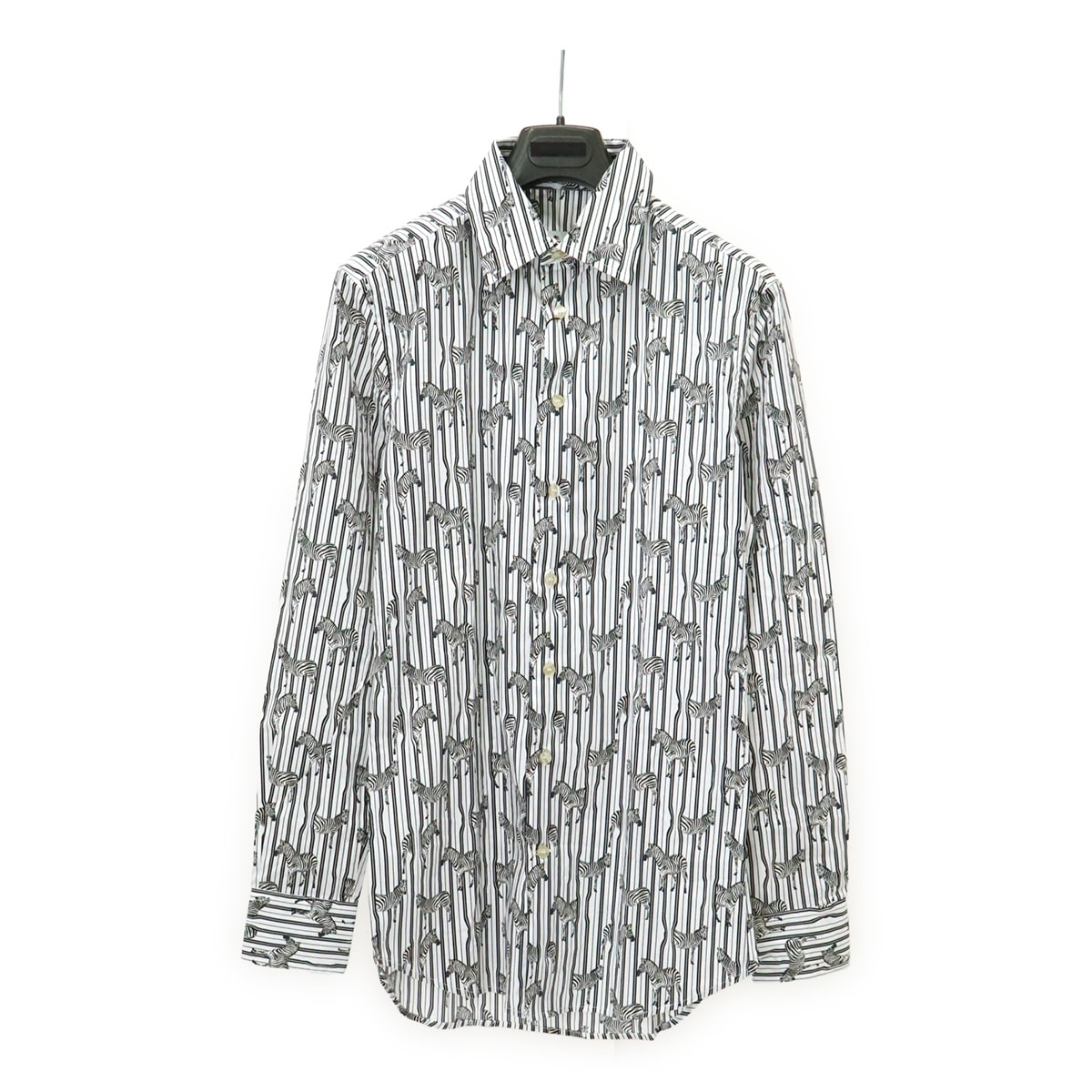 Yシャツ ワイシャツ 長袖シャツ ストライプ ゼブラプリント シマウマ コットン ポリウレタン ホワイト ブラック #37 アウトレット