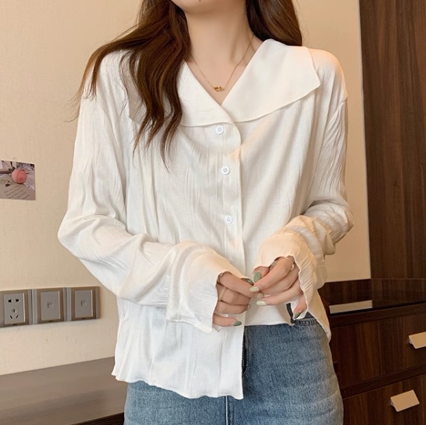 トップス レディース ブラウス カットソー 白シャツ 春服 秋服 長袖 大きな襟 デカ襟 ビッグカラー スリム タイト 細身 ストレート 前開き 華奢見え 細見え 着痩せ 普段使い 日常使い デイリー