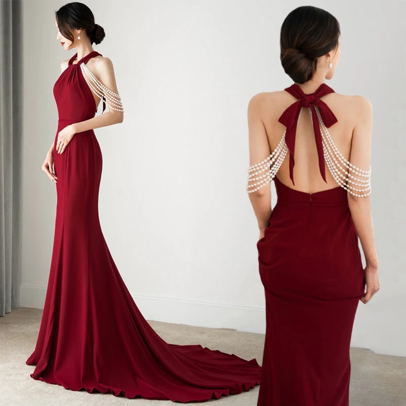 パーティードレス ナイトドレス ロングドレス マーメイドトレーンライン 贅沢なパールビーズ 演奏会 結婚式 二次会 挙式 露背 半袖ドレス ワンピース 前撮り 花嫁ロングドレス