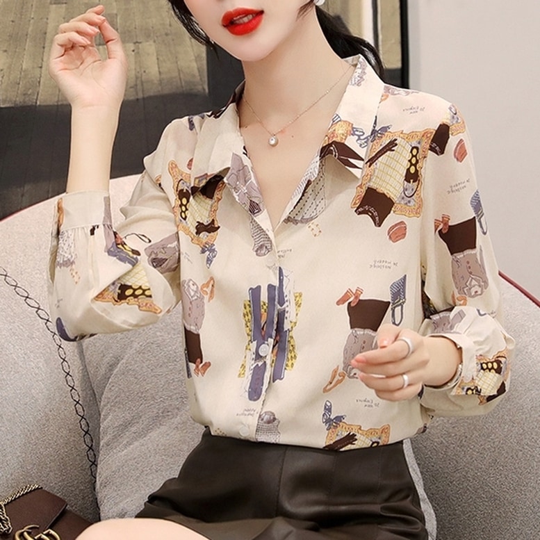 プリントシャツ レディース 柄シャツ ブラウス 襟付き 長袖 トップス シフォン 前開き ベージュ 大人可愛い きれいめ 大人 上品 おしゃれ レトロ エキゾチック キュート ガーリー エレガント