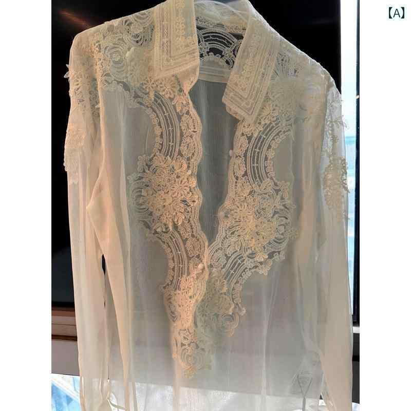 レディース　ニット　レース　シルク 重厚な の シルクレース トップ 2025 春 スタイル 不規則な 長袖 シャツ レディース