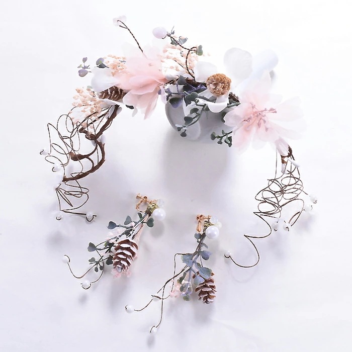 森の妖精フラワーヘアバンドとイヤリングセット 両耳 花 フェアリー 造花 ノンホールピアス 真珠