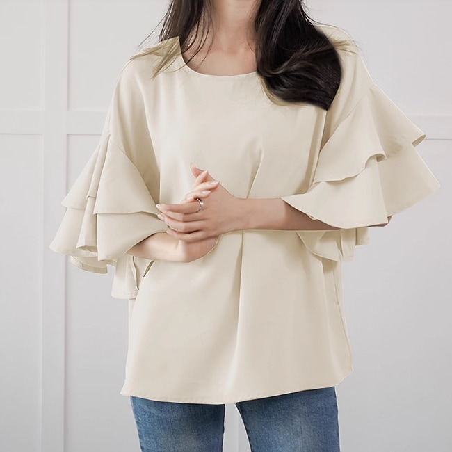 レディース トップス カットソー プルオーバー ミディアム 5分袖 ドロップショルダー フリル袖 ラウンドネック スマート フェミニン フリル コンサバ 切り替えデザイン かわいい 大人可愛い