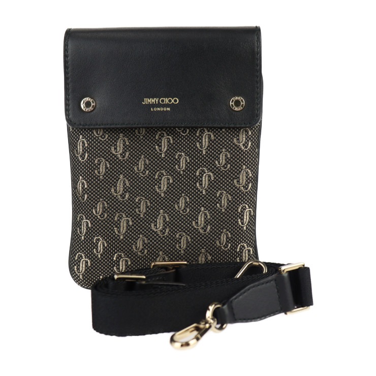 超美品 JIMMY CHOO ジミーチュウ ショルダーバッグ - KIMI メッセンジャー キャンバス レザー ブラック ゴールド ポシェット ポーチ サコッシュ【本物保証】