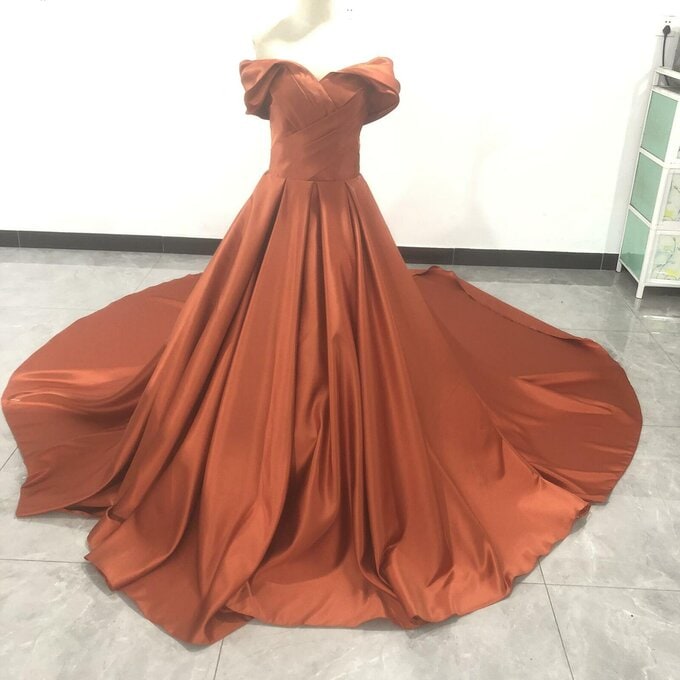 テラコッタ Aライン ロングトレーン オフショルダー フレンチスリーブ結婚式/拳式