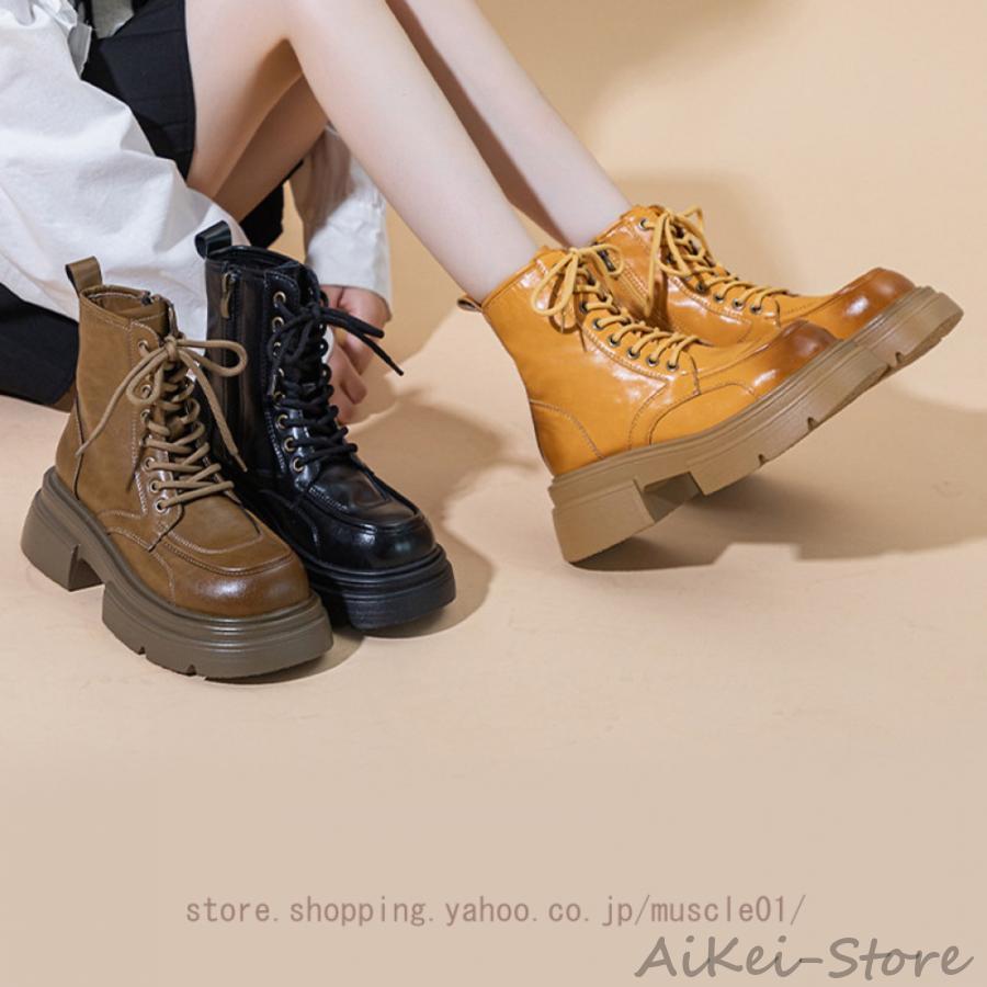 厚底 本革バイクブーツ おしゃれ 街歩きにも最適 厚底レースアップショートブーツ レディース シューズ 秋 冬 10代 20代 30代 韓国ファッション 韓国