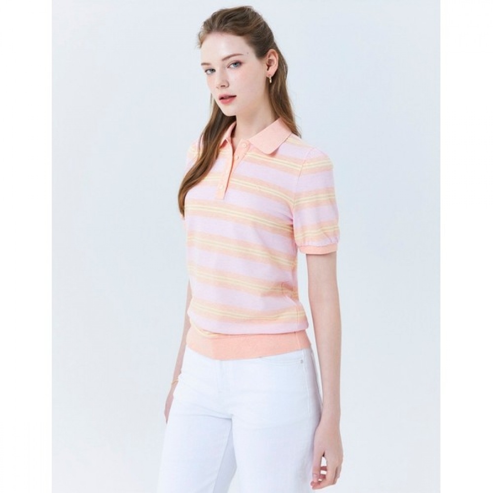 (ヘッジズレディース) 24SS ピンクストライプコットンショートスリーブカラー T シャツ HSTS4B401P1